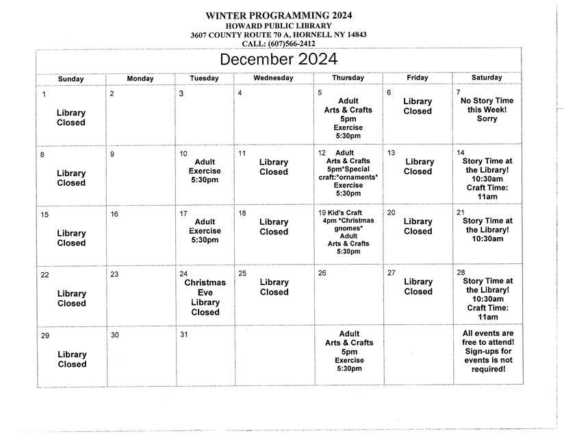 Town of Howard Library Calendar December 2024